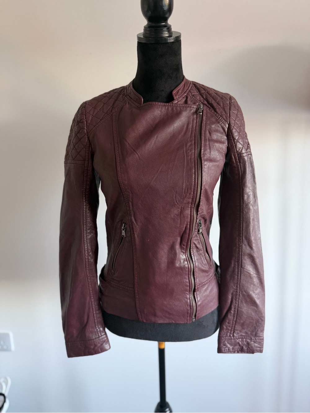 Promod Burgundy 100% Lambskin Leather Moto Jacket – US 4